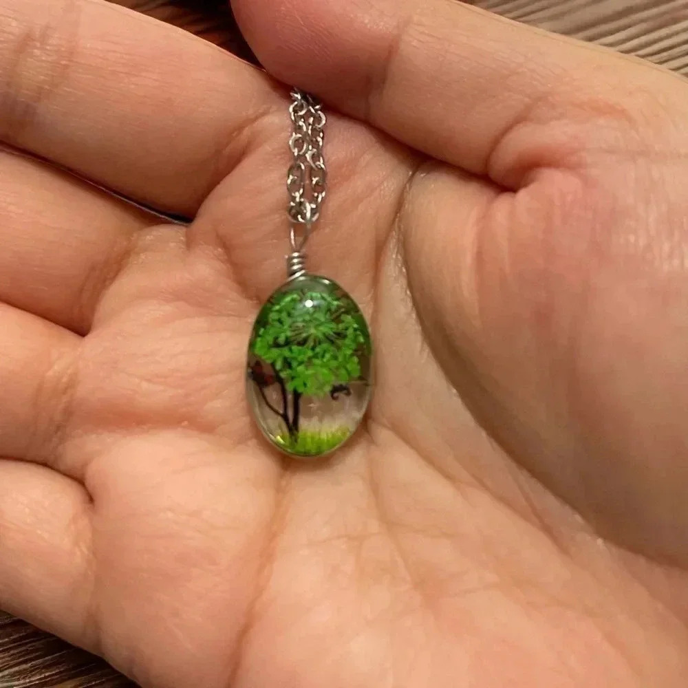 Resin Flower Pressed & Tree Oval Pendant Charm Stainless Steel Necklace